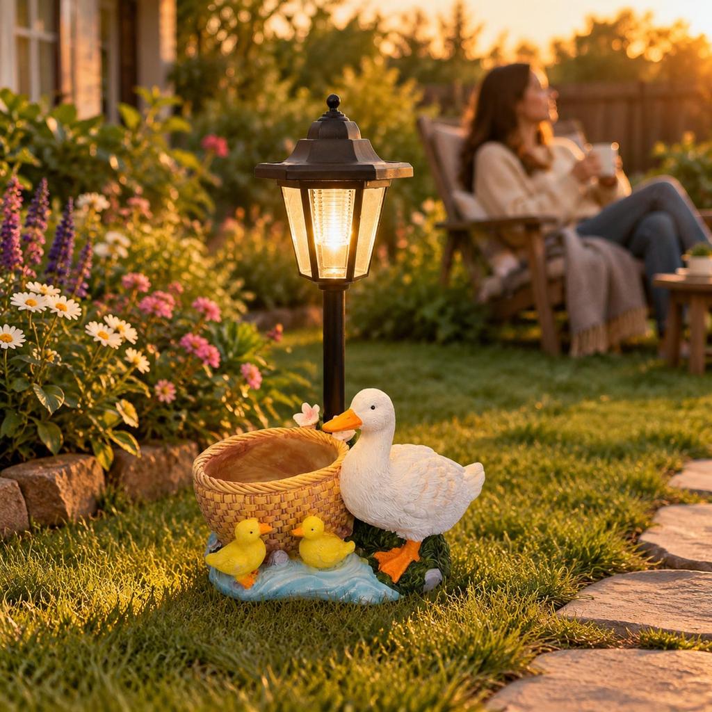 Duck Household Garden Ornament with Solar Lantern WeatherResistant Resin Decor for