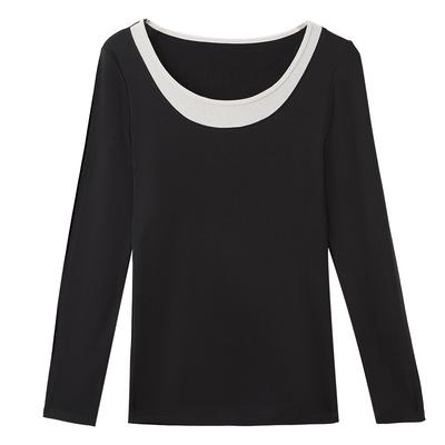 New Round Neck Stitching Two-color Contrast Black Long-sleeved Slim and Comfortable Bottoming Shirt T-shirt Top Women Trendy