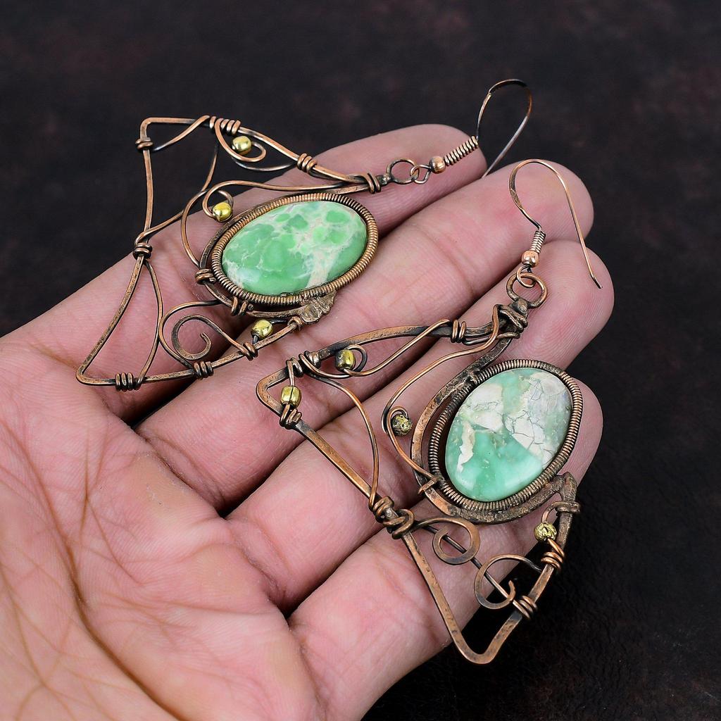 Variscite Earring Copper Wire Wrapped Earrings Elegant Jewelry Handmade Earrings Copper Wire Jewelry Gemstone Earring Gift For Anniversary