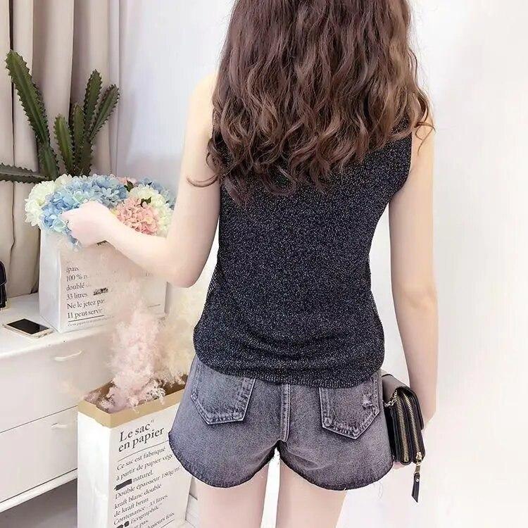 Summer Women's Ice Silk Diamond Camisole Loose Sleeveless V-neck Bottoming Shirt Tank Crop Tops