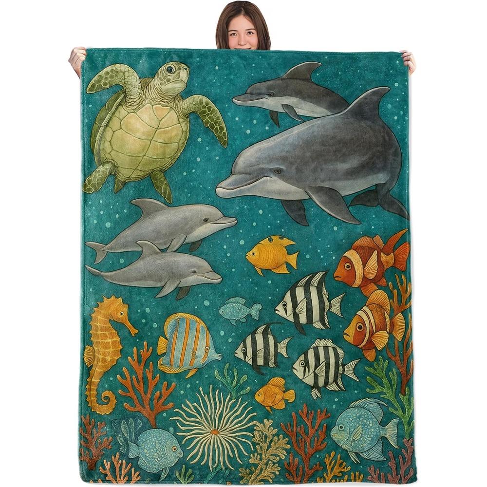 Wicked Ocean Animals Blanket - 280gsm Soft Flannel Throw with Dolphin, Sea Turtle, Seahorse & Coral Reef Design, Teal Blue & Mul