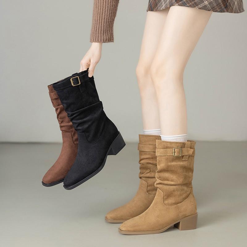 Vintage Suede Versatile Coarse Heel Maillard Medium Boots Autumn and Winter New Pile Boots Short Boots Western Martin Boots