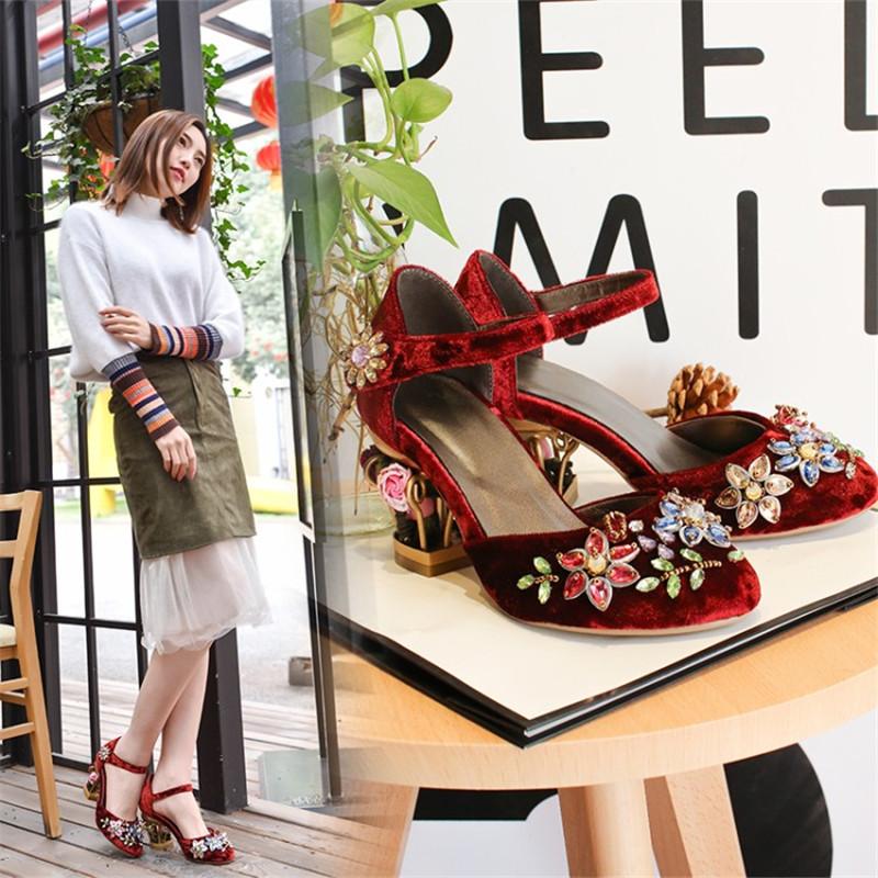 Fashion Summer Fashion Flower Pleuche Shoes Women Pumps Luxurious Cutouts Bird Cage High Heel Crystal Female Women Sandal Big Size 34-43