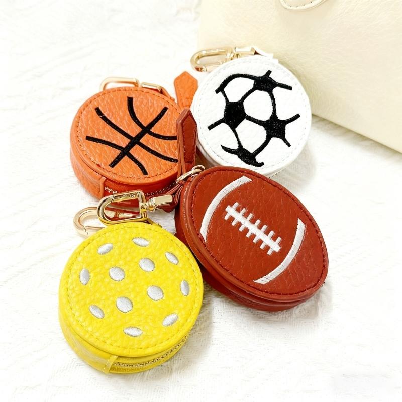 PU Leather Sports Theme Keychain Coin Pouch Small Wallet For Football Basketball Rugby Fan Waterproof Accessory