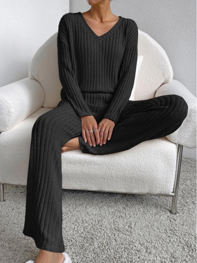 2025 Autumn Women's Cross-border Casual V-neck Rib-knit Set with Loose Straight-leg Pants