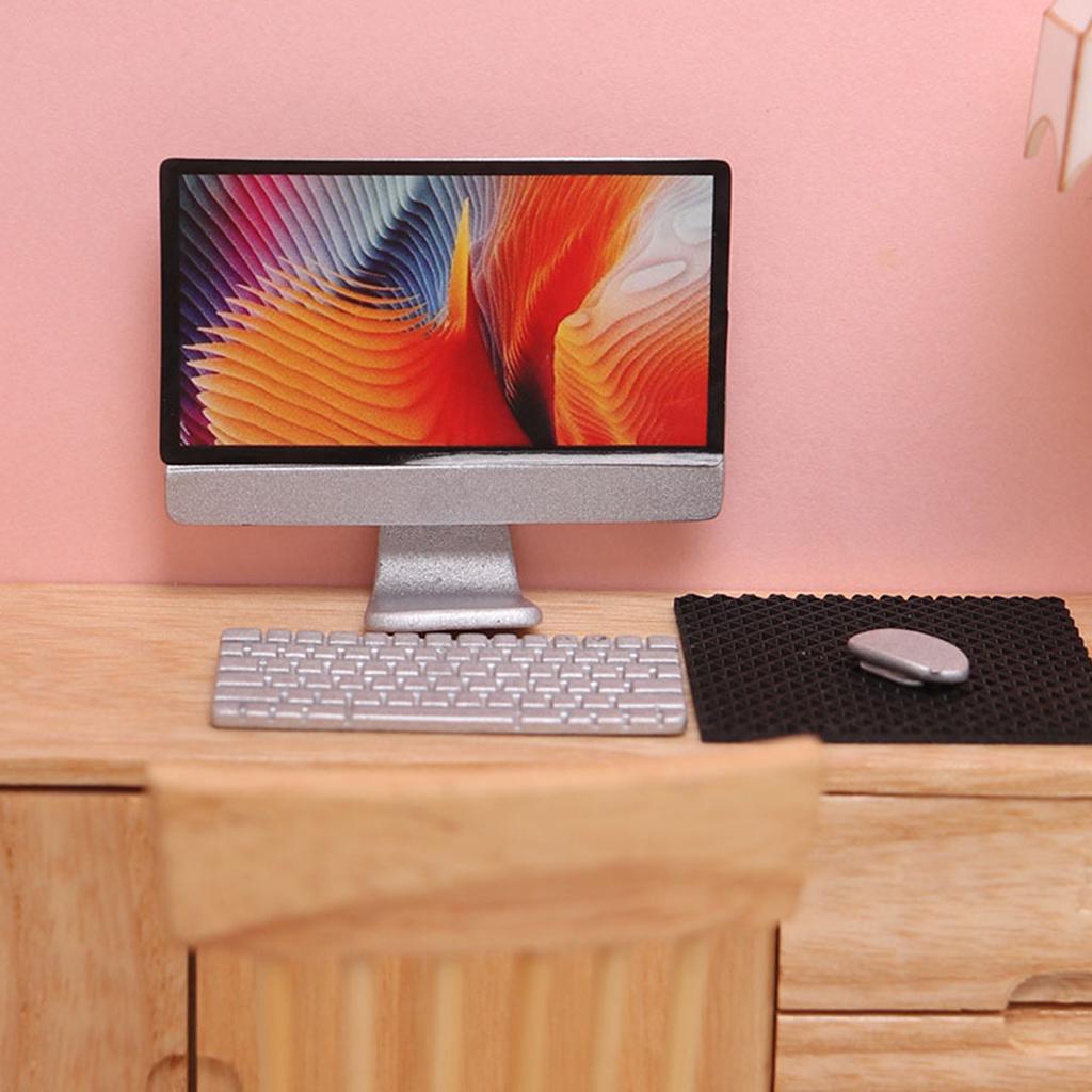Toy Model Desktop Mini PC Computer for W/ Keyboard Mouse for 1/12 for Doll House Living Room Office Accessory Kids Role