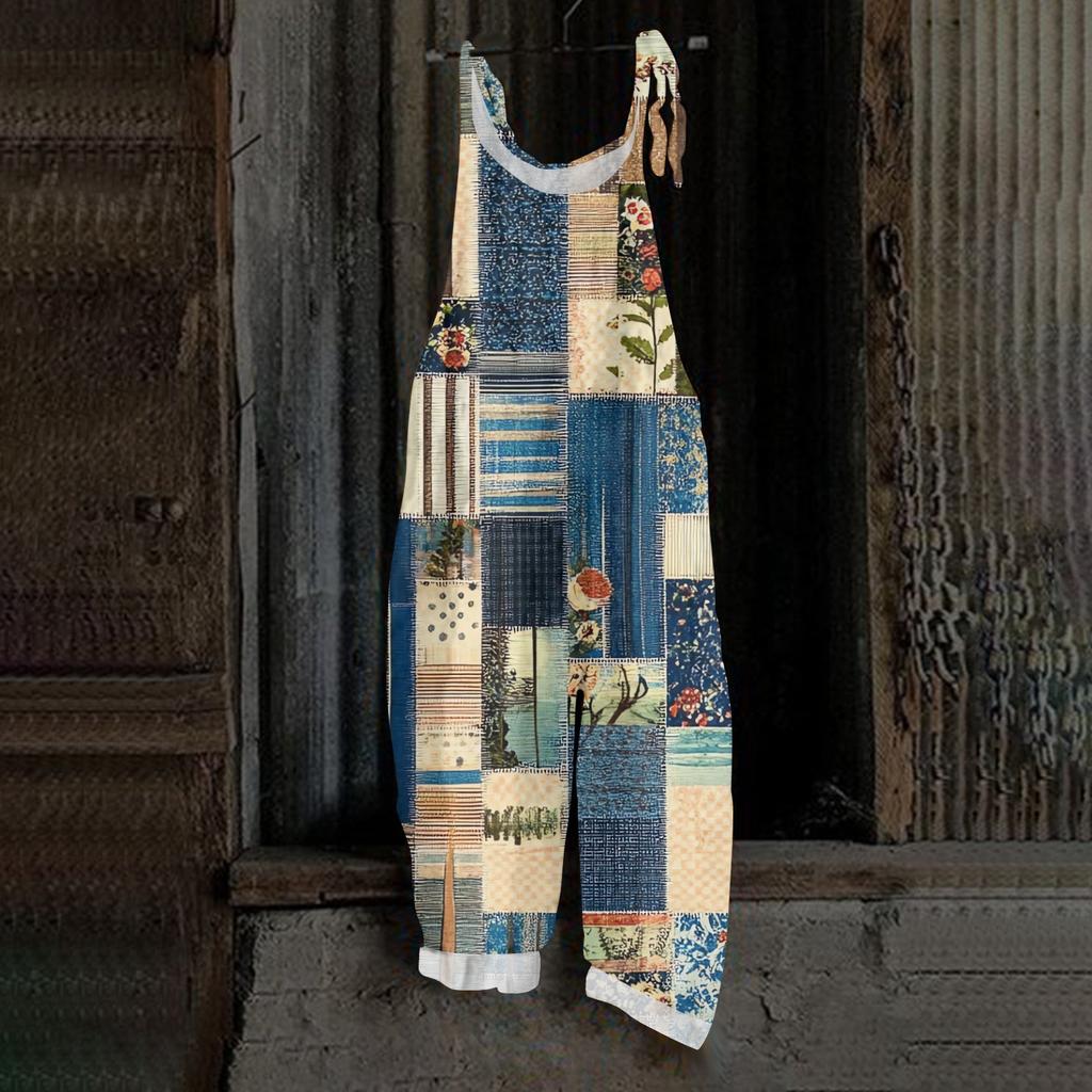 Women's One-piece Pants With Retro Prints, Casual Loose Retro Straps, And Cotton And Linen
