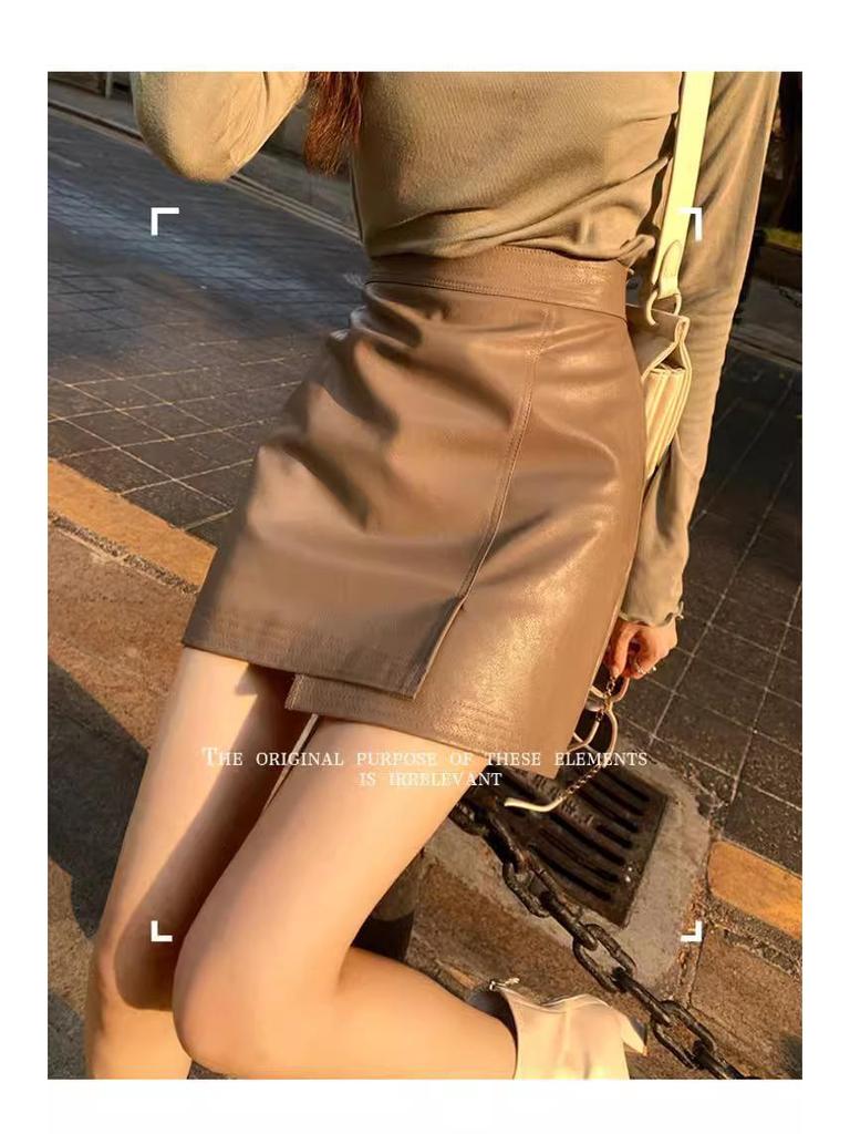 Damen A-Linien Minirock aus PU-Leder mit hoher Taille, Kaffeefarben, Herbst/Winter 2024