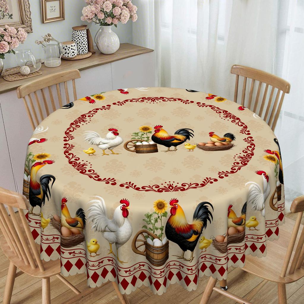 Pastoral Country Tablecloth, Chicken Print Egg Sunflower Retro Trim, Waterproof Household Dining Table Coffee Table Cloth