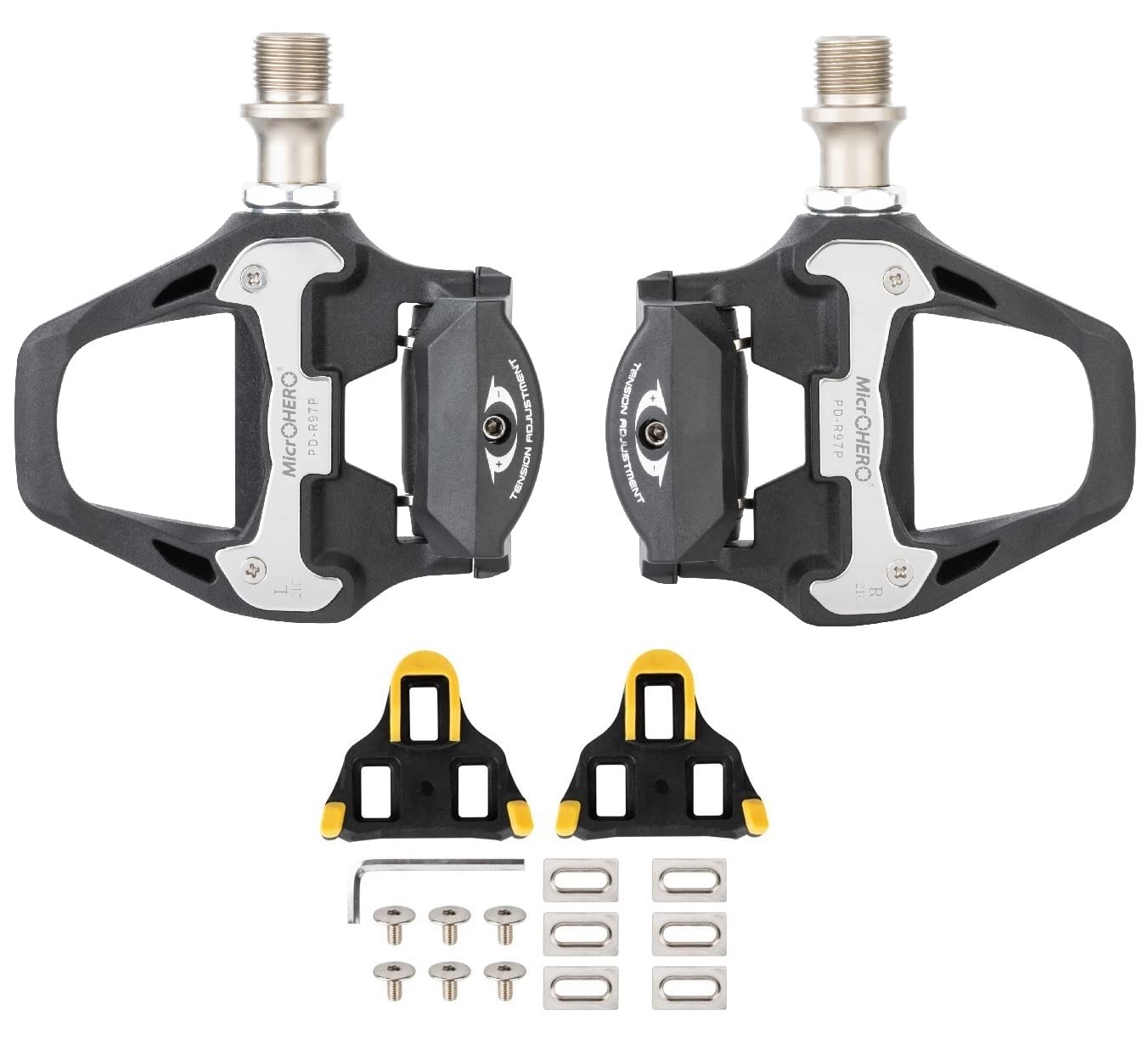 

MicrOHERO 268g Chromoly Shaft Carbon Composite Body Sealed Bearings Pedal Black with Cleats Ultra-lightweight SPD-SL PD-R97P