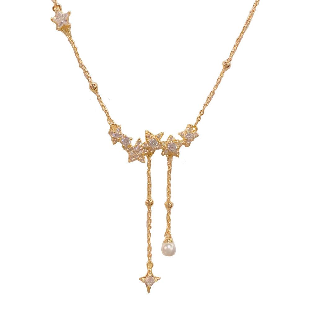 Japan and South Korea Exquisite Fashion Light Luxury Zircon Star Tassel Necklace Temperament Simple Versatile High Sense Super Flash Collarbone Chain