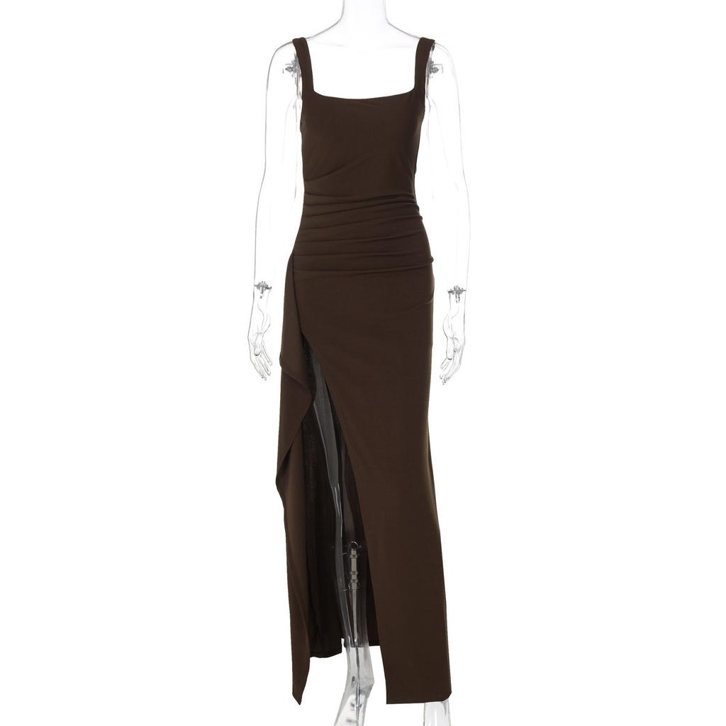 Abito da sera da donna stile INS europeo e americano, abito lungo, moda estiva, sexy, con spalline, schiena scoperta, spacco alto