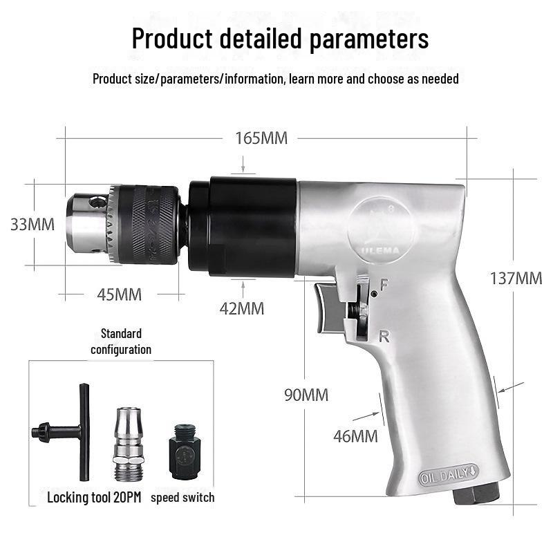 Industrial Grade Pneumatic Air Drill with Speed Regulation, 3/8" Chuck for Wall Drilling and Woodworking.