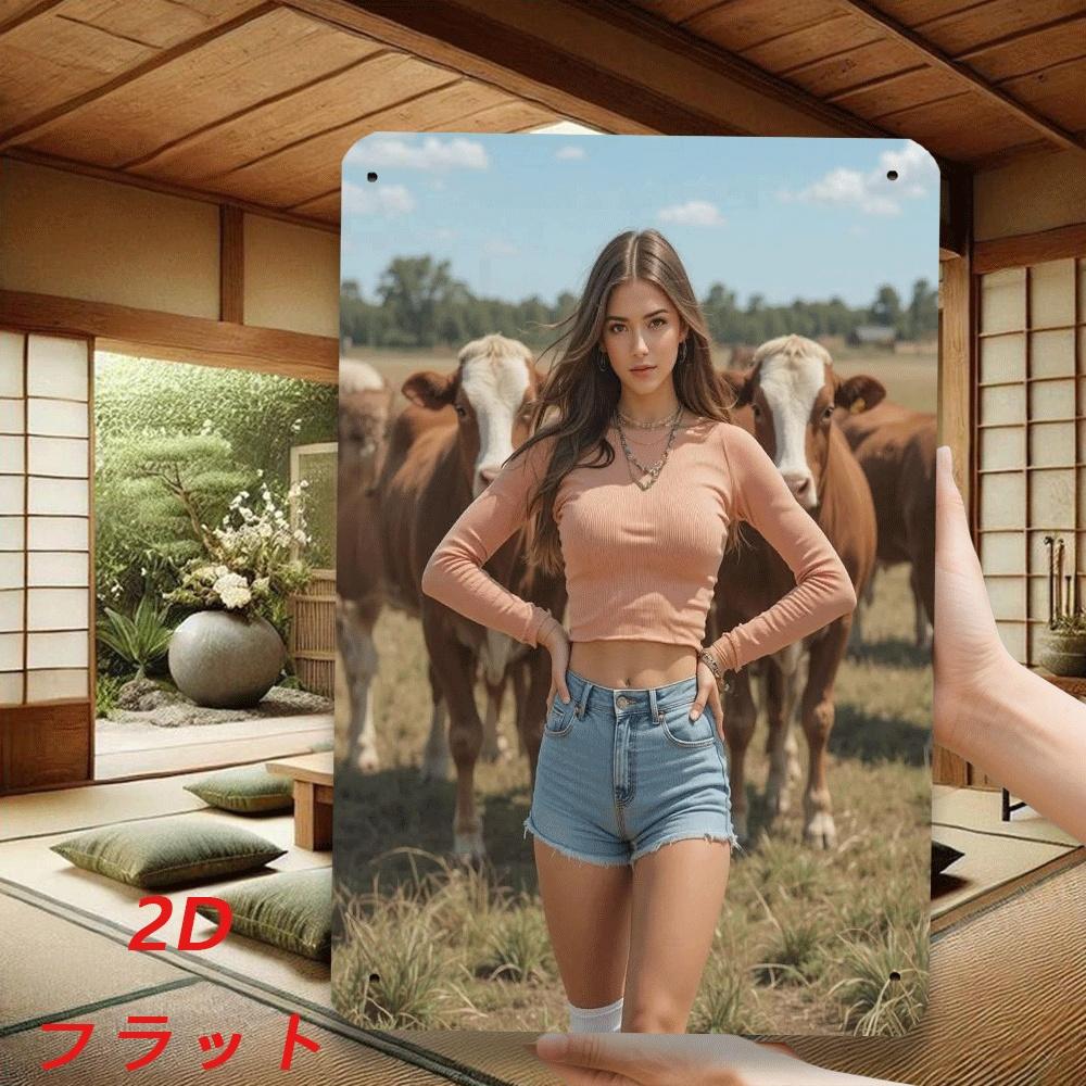 Rustic Farmgirl with Cows Metal Sign Vintage Tin Decor Country Ranch Wall Art 20X30CM
