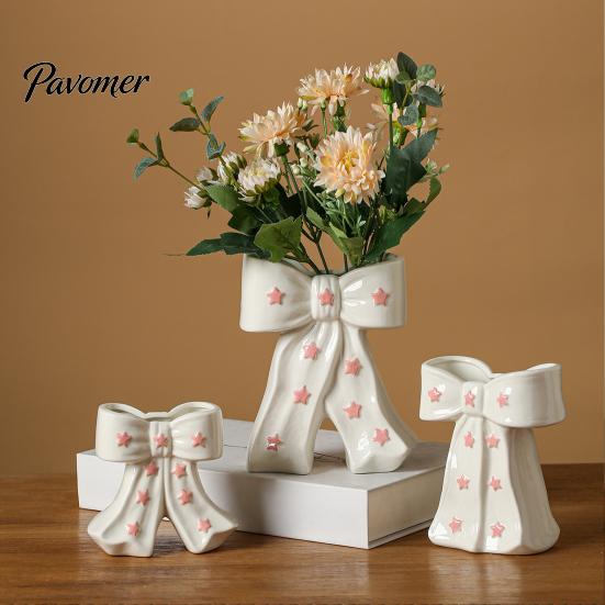 Dried Flower Holder Ceramic Bow Vase with Star, Decorative Flowers Vase, Creative French Style Arrangement for Living Room Table Centerpiece