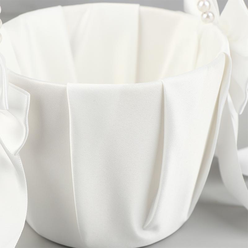 1Pc Pearl Handle Flower Basket Bow Satin White Western Rustic Bowknot Wedding Flower Basket For Floral Petals
