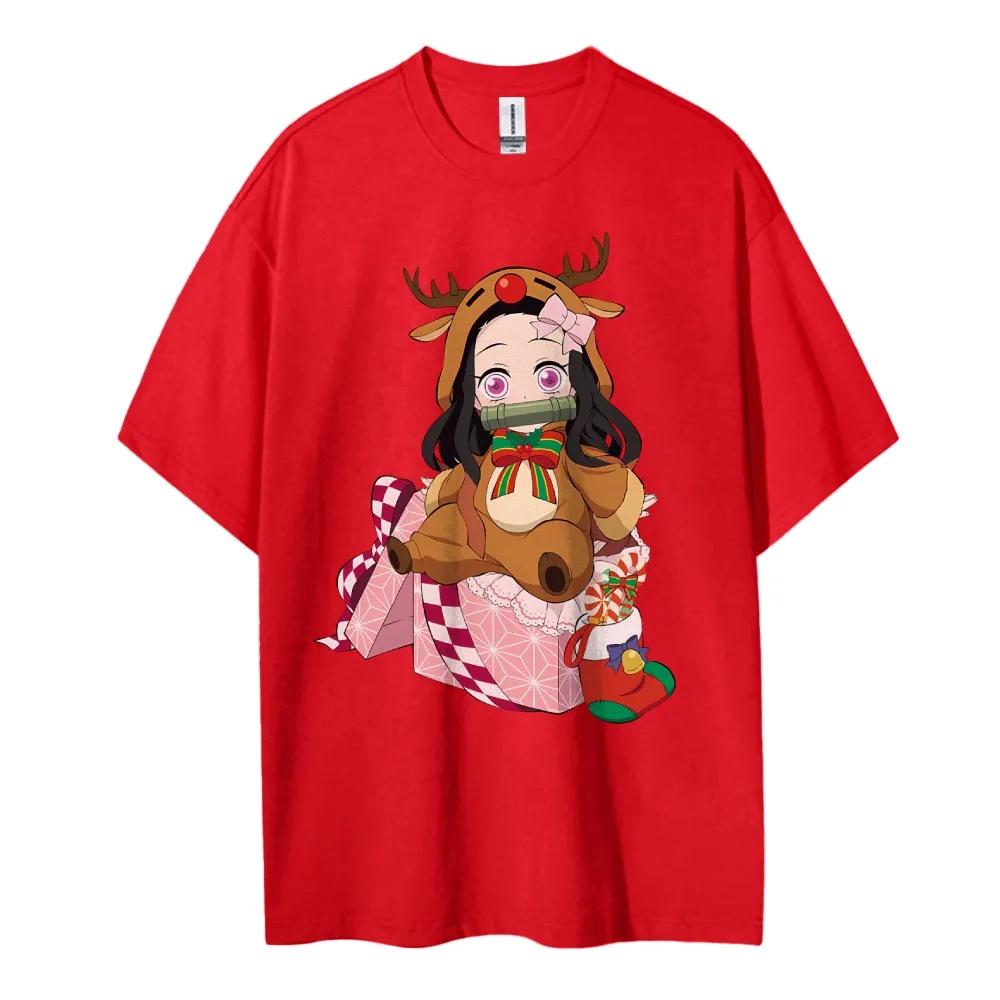 Demon Slayer 2026 New Hot Nezuko Christmas Deer Costume Cotton T Shirt Summer Graphic Tee Cute Festive Design for Fans