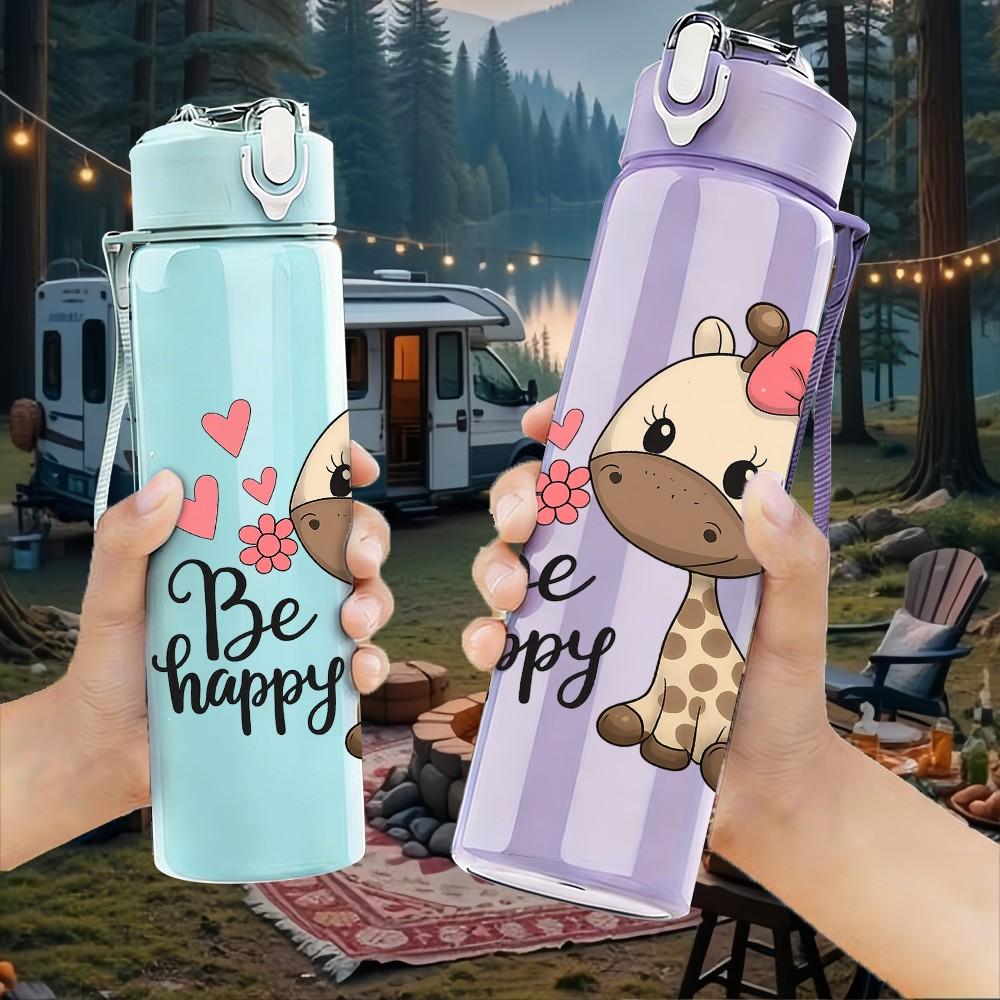 1PC Be Happy Giraffe 750ml Color Plastic Sports Water Bottle Leakproof Flip Straw Lid Suitable for Sports Office Home Use