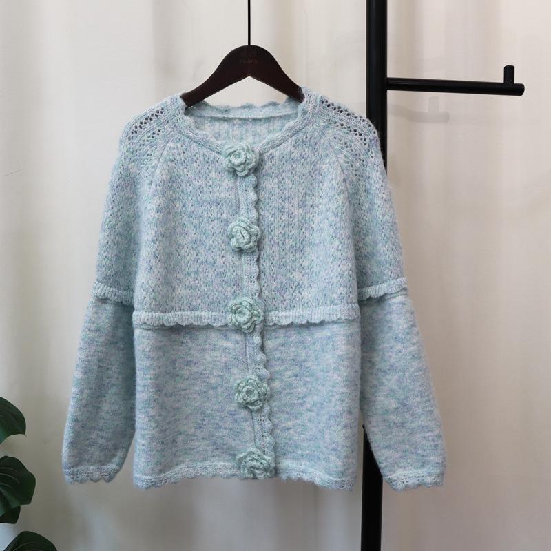 

Молочный нежный ветер вязаный кардиган осень и зима новый свободный мягкий восковой цветок сладкий свитер куртка женская one size fits all синий
