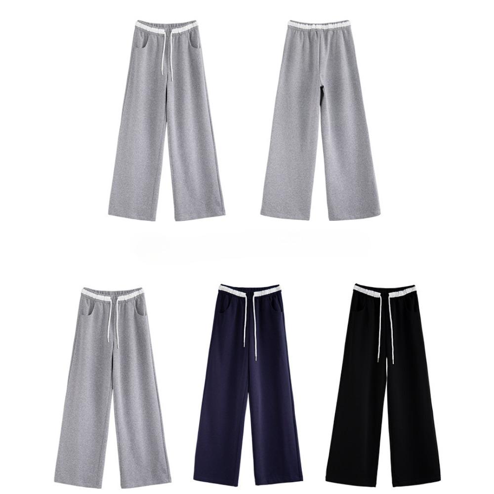 Grey Double Color Waist Sports Pants Women's Spring Autumn Casual Straight Leg Sweatpant Spliced Elastic Waistband Wide Leg Pants