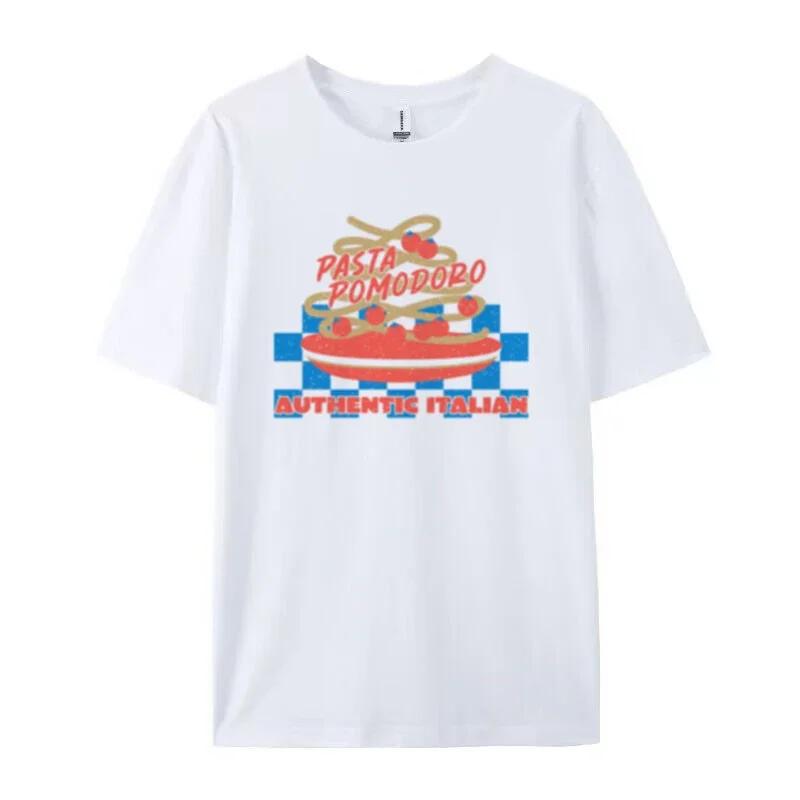 

Tomato Pasta Graphic Tees Retro Cute Foodie Spaghetti Shirt Women Hippie Vintage Italian Food TShirt Cotton Unisex Female Top S