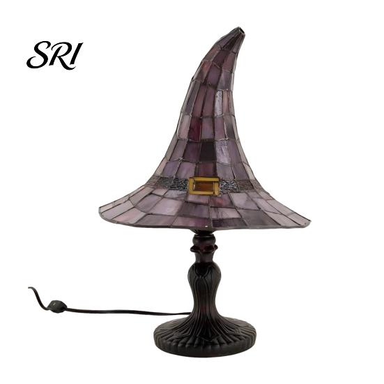Soft Warm Glow Lamp Stained Glass Witch Hat Lamp, USB Powered Resin Night Light, Gothic Healing Corner Halloween Table for Bedroom Bookshelf 18cm A