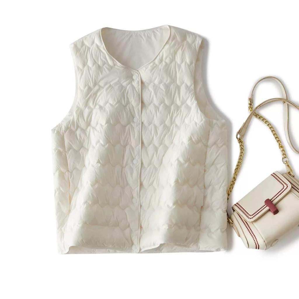 Gilet leggero in piuma d'anatra bianco con scollo rotondo e a V, senza maniche, gilet interno in piuma