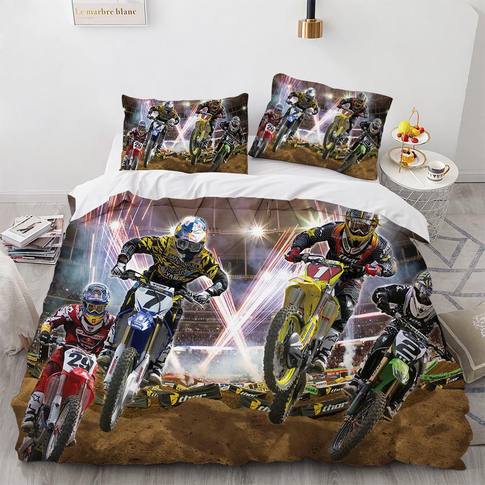 Motocross Gaming Bedding Set,Cross-Country Motorcycle Duvet Cover King Size For Teen Boys, Motorcycle Racing Car Comforter Cove