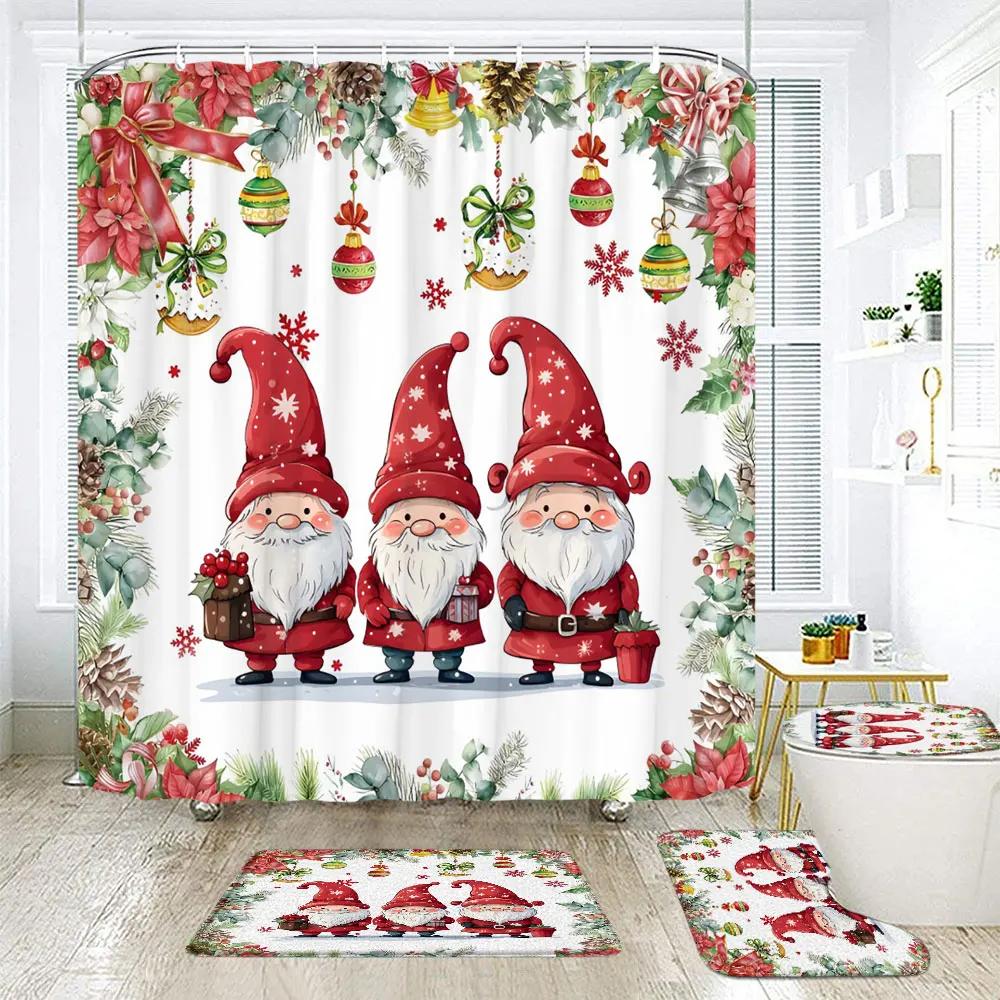 Christmas Elf Shower Curtain Rug Bathroom Set Snowman Fawn Xmas Gift Happy New Year Shower Curtain Set Bathroom Decoration