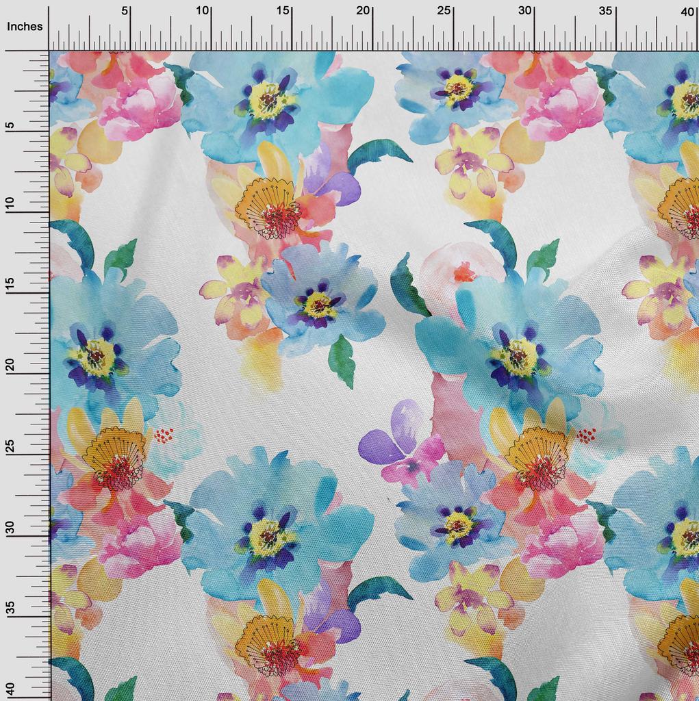 oneOone Cotton Flex Light Blue Fabric Flower Watercolor Quilting Supplies Print Sewing Fabric By The Yard 40 Inch