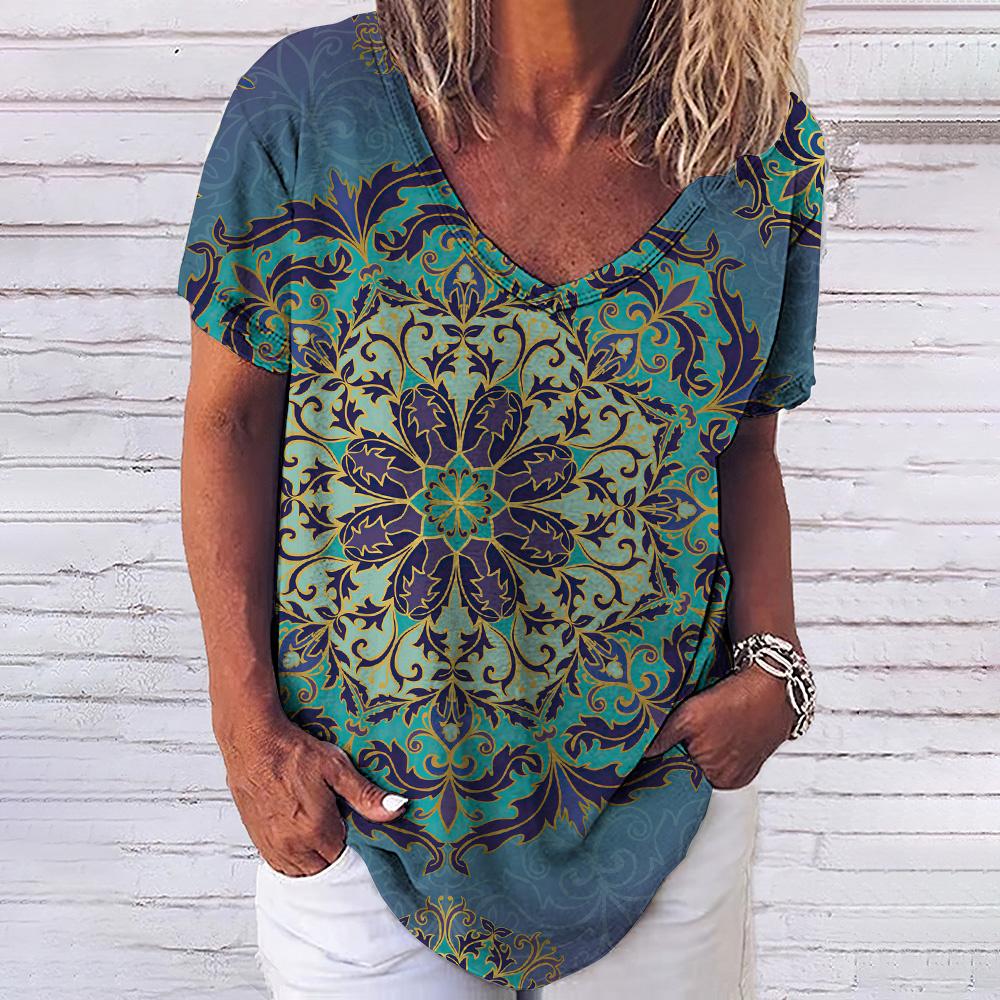 Summer T Shirt For Women 3d Fashion Geometric Print V Neck Short Sleeve Basic Tops Streetwear Casual Oversized Female Clothing