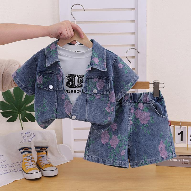 Girls Summer Floral Jacquard Denim 3 Piece Set Cute Short Sleeve Top And Shorts Outfit 80
