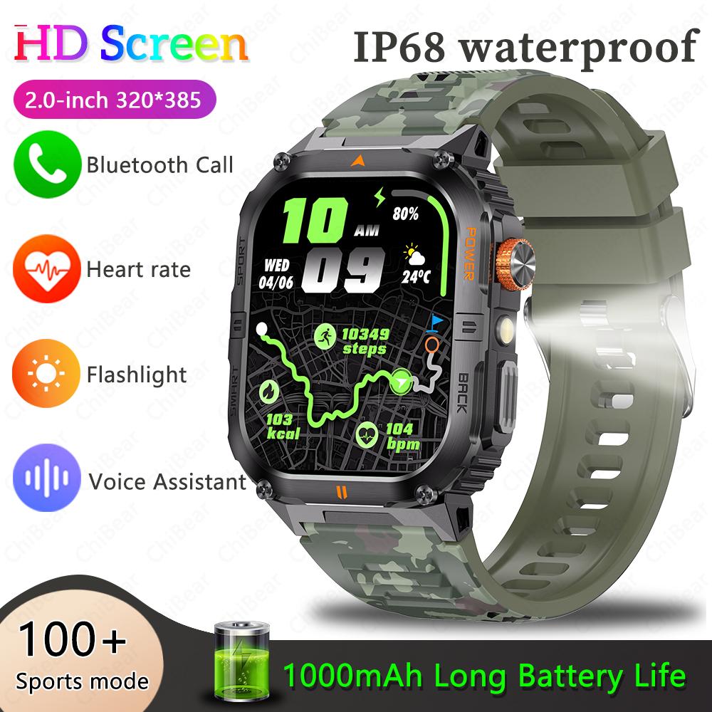 New Smart Watch Men 1000mAh Large Capacity Battery Outdoor Flashlight Bluetooth Call Waterproof Sport Fitness Smartwatch