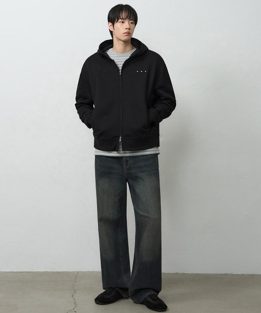Draw Fit Rivet Point Crop Zip-Up Hoodie [Black]
