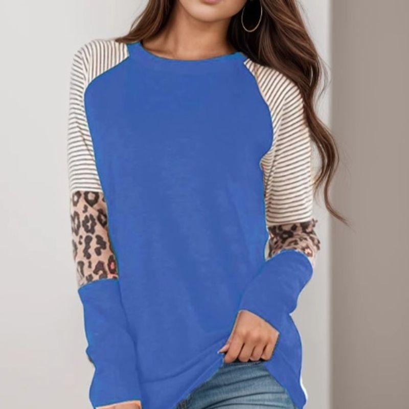 Cross-Border Fashion Autumn New round Neck Stripes Leopard Print Print Contrast Color Raglan Sleeve Long Sleeves T-shirt Women's Fashion All-Matching