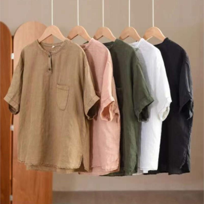 Johnature Women Vintage Patchwork Pockets T-Shirts O-Neck Short Sleeve Solid Color Summer Loose Casual T-Shirts