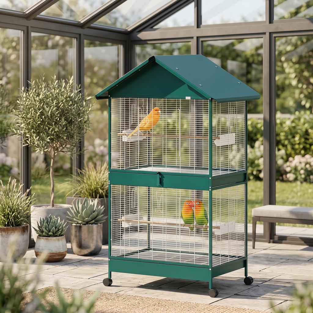 Birdcage on Wheels, Removable Divider, 4 Feeders 2 Perches, 2 Sliding Trays, 94 x 70 x 158 cm