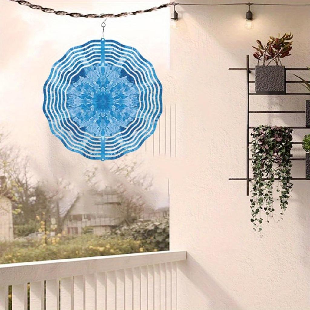 Blue White Metal Wind Spinner with Hanging Chain 2D Garden Art Sculpture for Outdoor Yard Patio Decor All Season Windmill Spinner