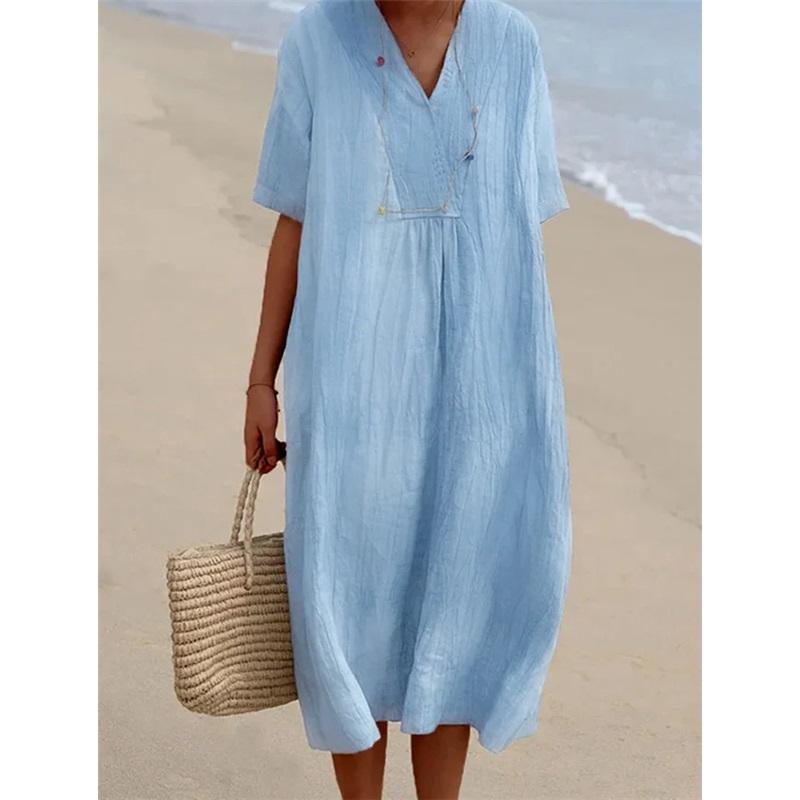 

Summer New Style Ladies All-match Casual Thin Long Skirt Solid Color Cotton And Linen V-neck Loose Beach Dress L зніміть синього кольору
