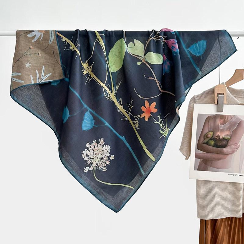 Pastoral Floral Velvet Double-sided Scarf 91 Large Square Scarf Women's Summer Travel Photo Silk Scarf Sun Protection Shawl