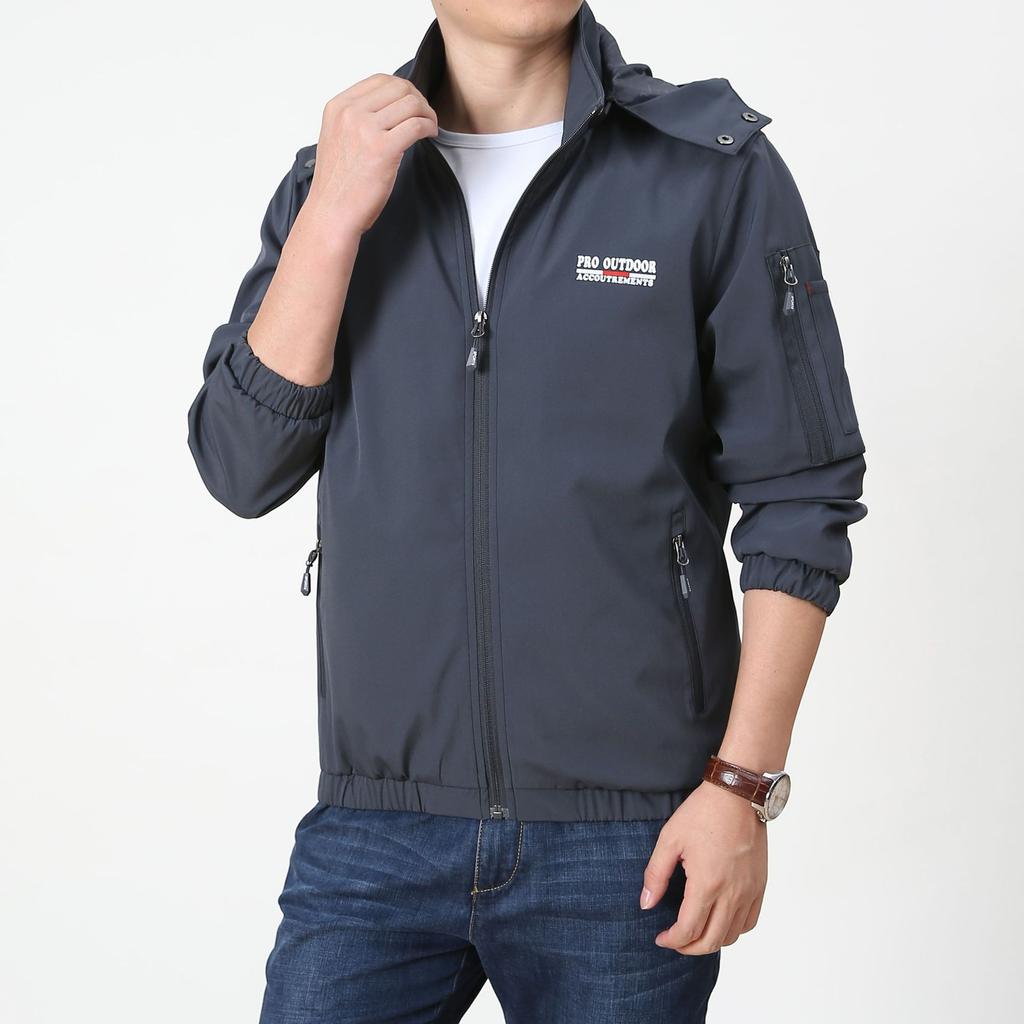 Four Seasons Men's Middle-aged and Young Outdoor Sports Jacket Hooded Windproof Loose Japanese and Korean Casual Multi-Bag Jacket