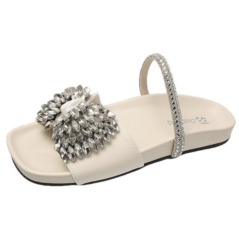 New Flat-bottomed Bow Rhinestone Slippers Women's Cross with Satin Open-toed Fashion Outer Slippers Women