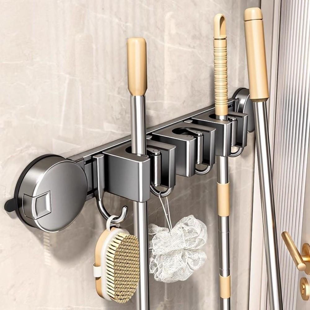 Suction Cup Installation Broom Storage Rack with Hook Bathroom Rack Mop Clip Cleaning Tool Storage