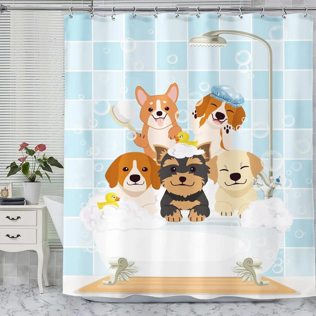 Cartoon Shower Curtain Pet Cat Dog Cute Rainbow Animal Cute Kid Boy Girl Skateboard Home Polyester Fabric Bathroom Decor Curtain