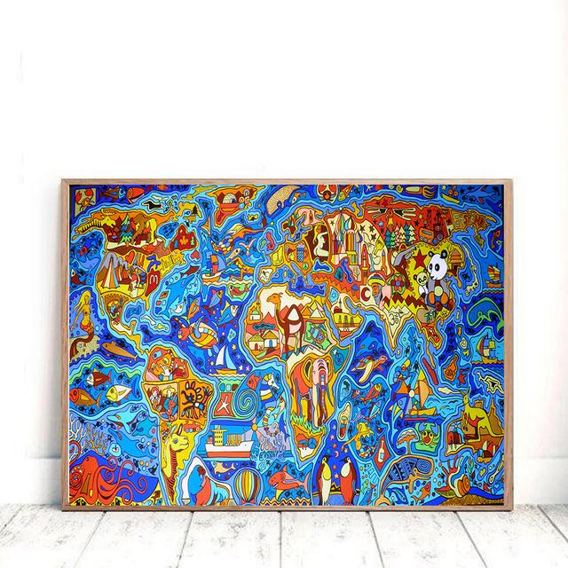 Mappa del mondo dei cartoni animati Pittura su tela Decorazioni per la camera dei bambini Poster e stampe Decorazioni per l'aula Immagini di arte della parete Decorazioni per la casa