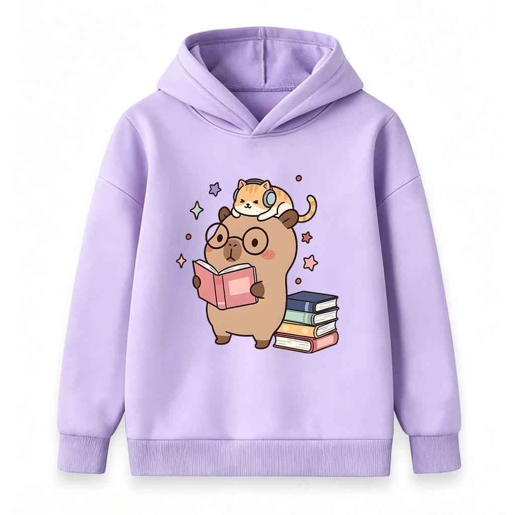 Kids Boys Girls 100% Cotton Crew Neck Short Sleeve T-Shirt, Cute Capybara Reading Book Cat With Headphones Print Casual Comfy Tee For Daily School Pla