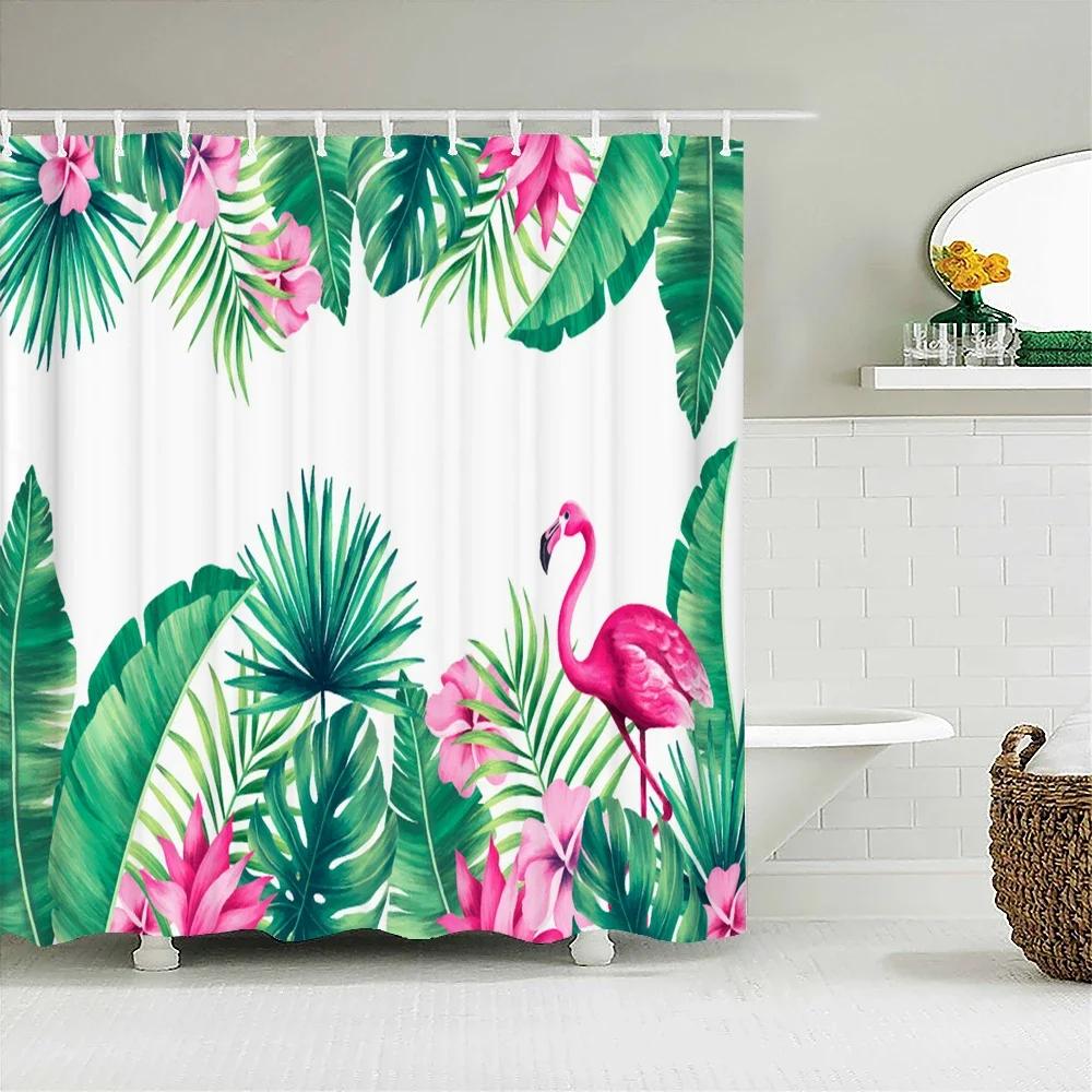 Flamingo Shower Curtains Green Leaf Bathroom Waterproof Polyester Fabric Printing Shower Curtain Decoration Bath Screen
