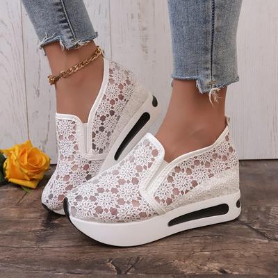 With White Lace Flowers Design Women's Sneakers 2025 Autumn New Mesh Breathable Slip On Women Loafers Shoes Zapatillas De Mujer