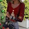 Women's Winter Slim-Fit Base Layer T-Shirt Fashionable Christmas Print V-Neck Pullover Long-Sleeved Top