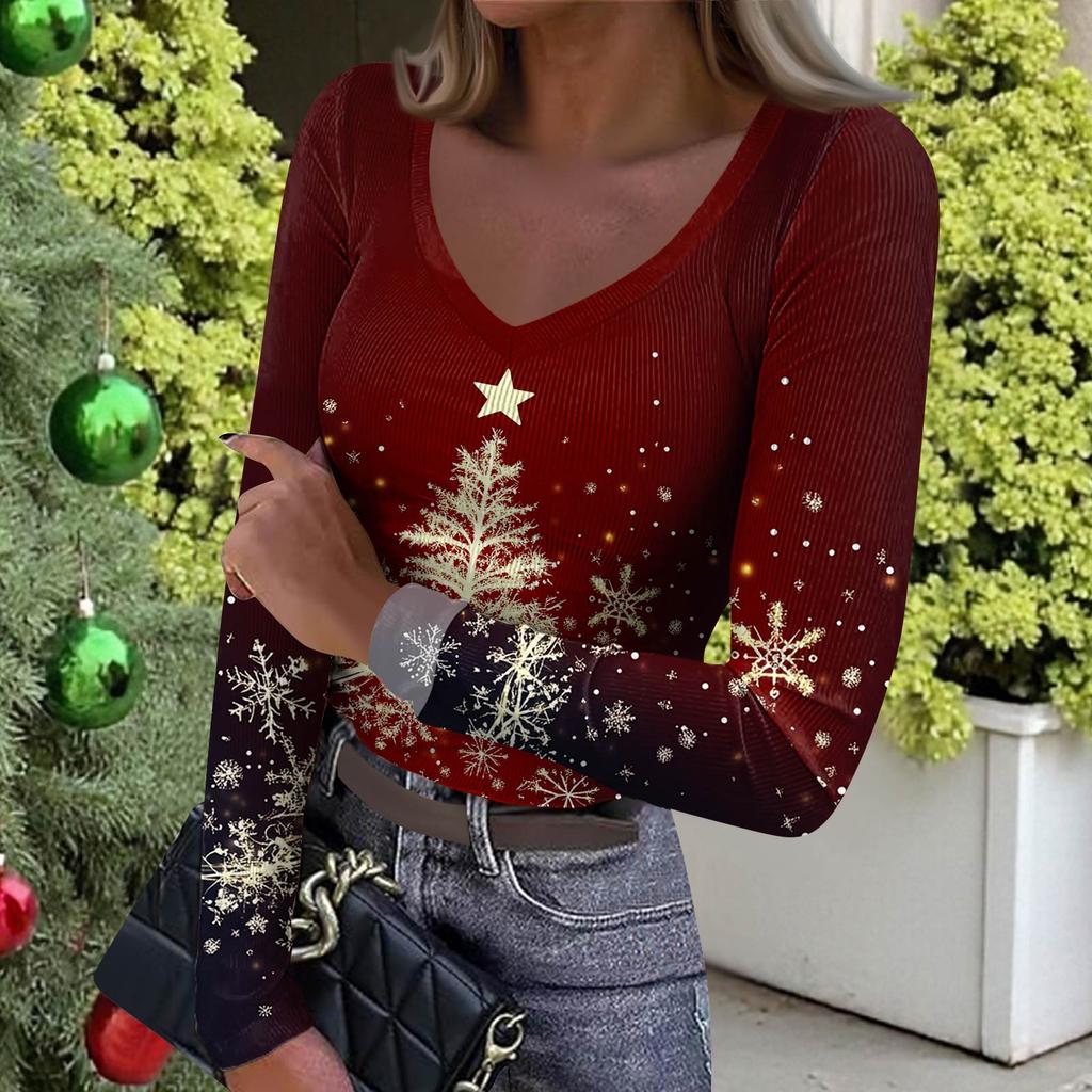 Women's Winter Slim-Fit Base Layer T-Shirt Fashionable Christmas Print V-Neck Pullover Long-Sleeved Top